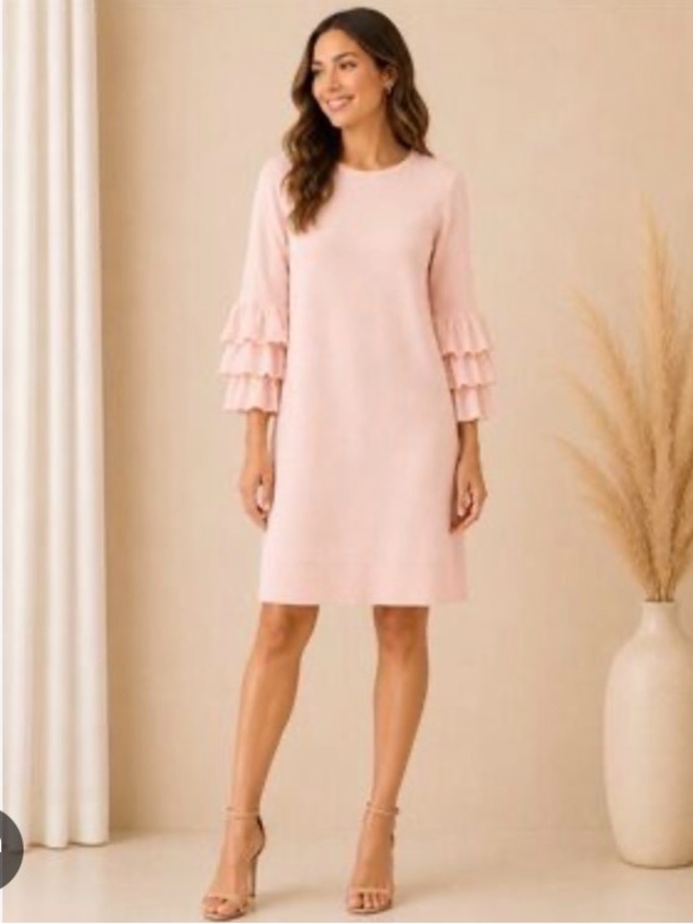 Elegant Pink Ruffle-Sleeve Shift Dress